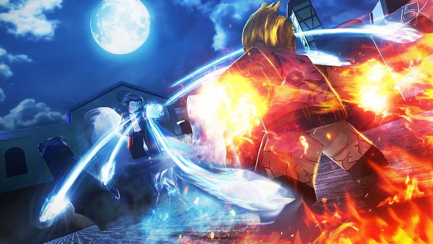 Blox Fruits Anime Style Battle Scene with Fire and Ice Powers Under a Full Moon HD wallpaper