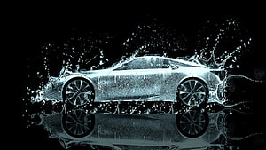 Luxury Sports Car Silhouette in Dynamic Water Splash with Reflection on Black Background HD wallpaper