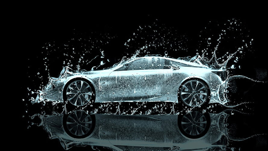 Luxury Sports Car Silhouette in Dynamic Water Splash with Reflection on Black Background HD wallpaper