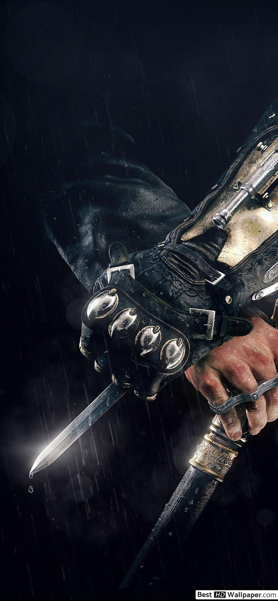 Assassin's Creed Mobile Close-Up of Gloved Hand Holding Dagger in Rain HD phone wallpaper