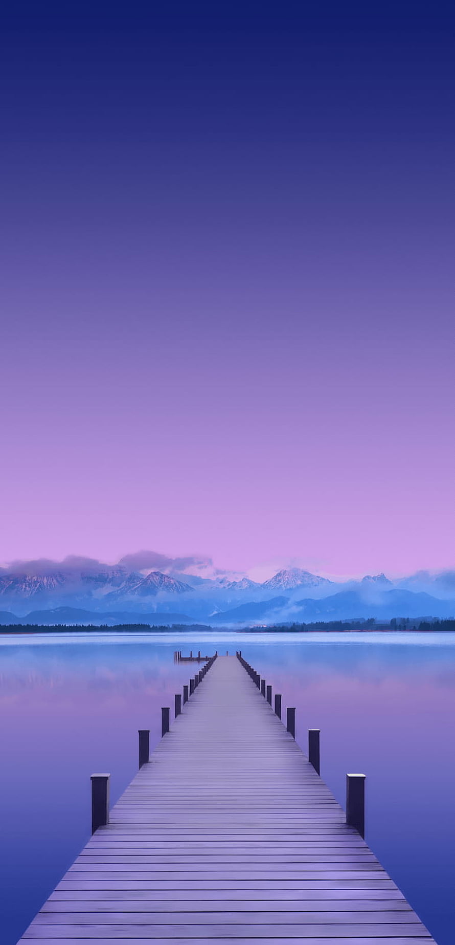 Serene Wooden Pier Extending Into Calm Lake With Distant Snow-Capped Mountains Under a Purple Twilight Sky HD phone wallpaper