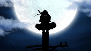 Silhouette of a ninja warrior perched on a wooden post against a glowing full moon and dark clouds HD wallpaper