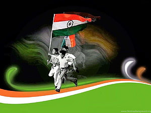 Indian soldiers running with the national flag against a dark background with tricolor waves HD wallpaper