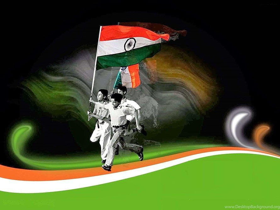 Indian soldiers running with the national flag against a dark background with tricolor waves HD wallpaper