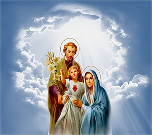 Holy Family of Jesus, Mary, and Joseph in Heavenly Clouds with Divine Light and Lilies HD wallpaper