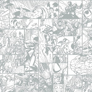 Marvel Comics Black and White Line Art Grid Featuring Avengers and Spider-Man HD phone wallpaper