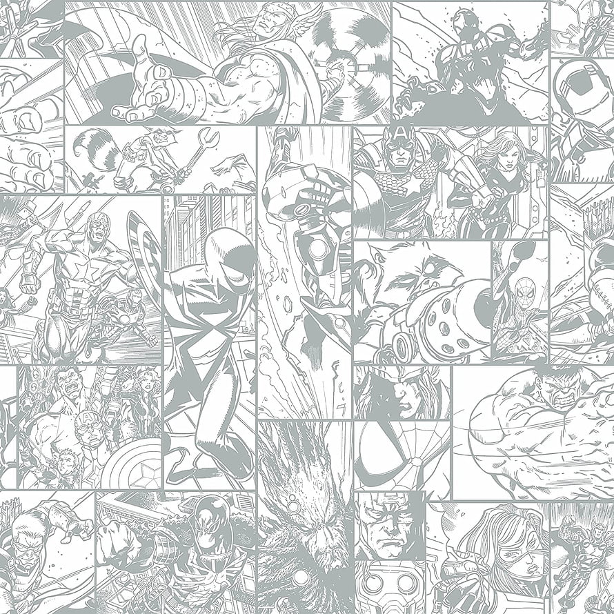 Marvel Comics Black and White Line Art Grid Featuring Avengers and Spider-Man HD phone wallpaper