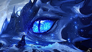 Majestic Blue Dragon Eye and Small Figure in Fantasy Digital Art HD wallpaper