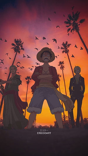 One Piece Straw Hat Crew Silhouetted Against Vibrant Sunset Sky With Palm Trees HD phone wallpaper