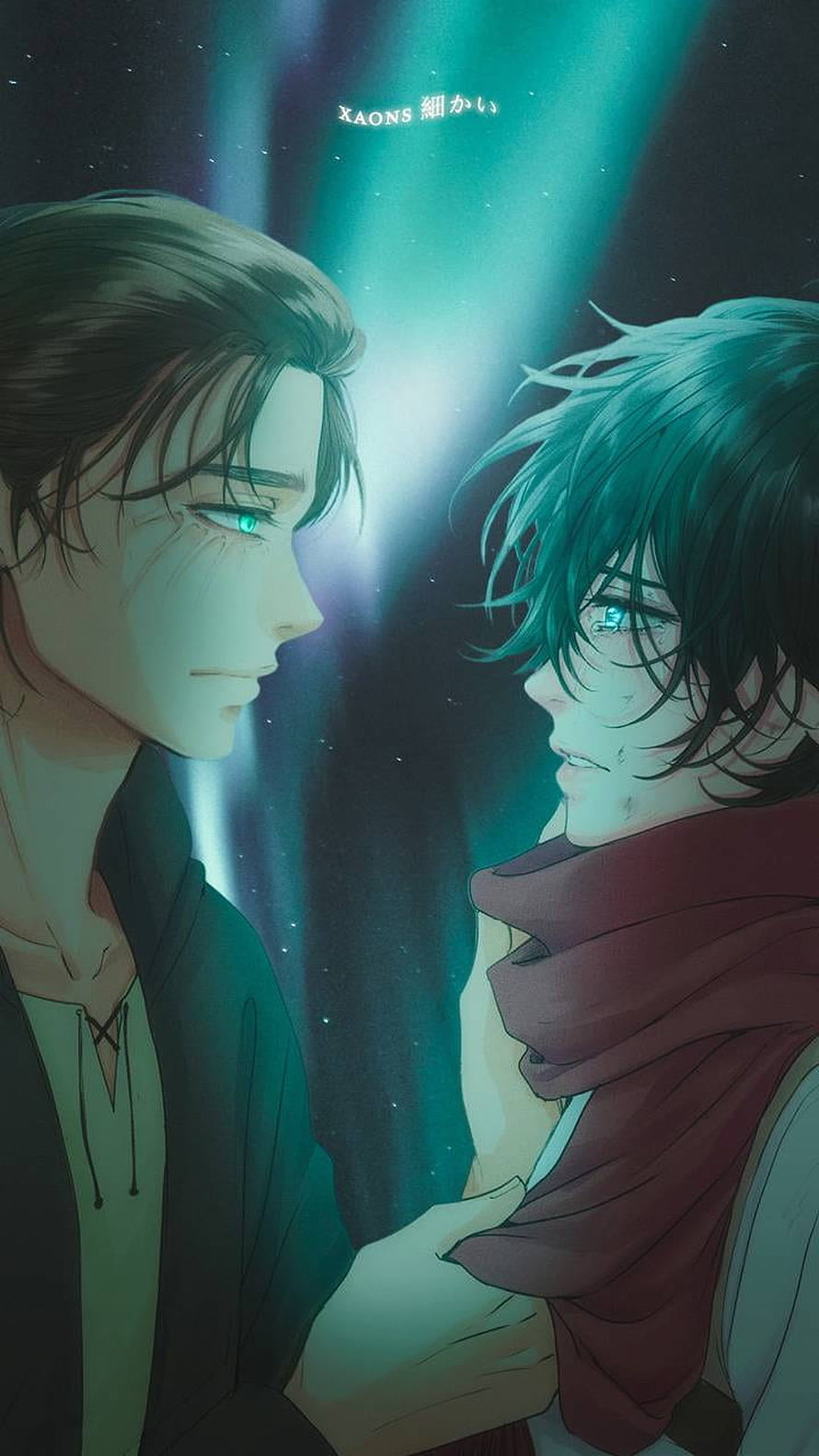 Eren and Mikasa anime illustration under the aurora borealis HD phone wallpaper