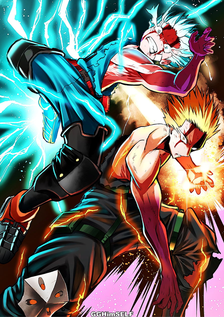 Deku and Bakugo Clashing in Intense One For All Battle Scene HD phone wallpaper