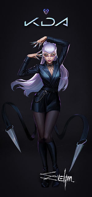 K/DA Evelynn Character Art in Black Leather Outfit with Whip Weapons HD phone wallpaper