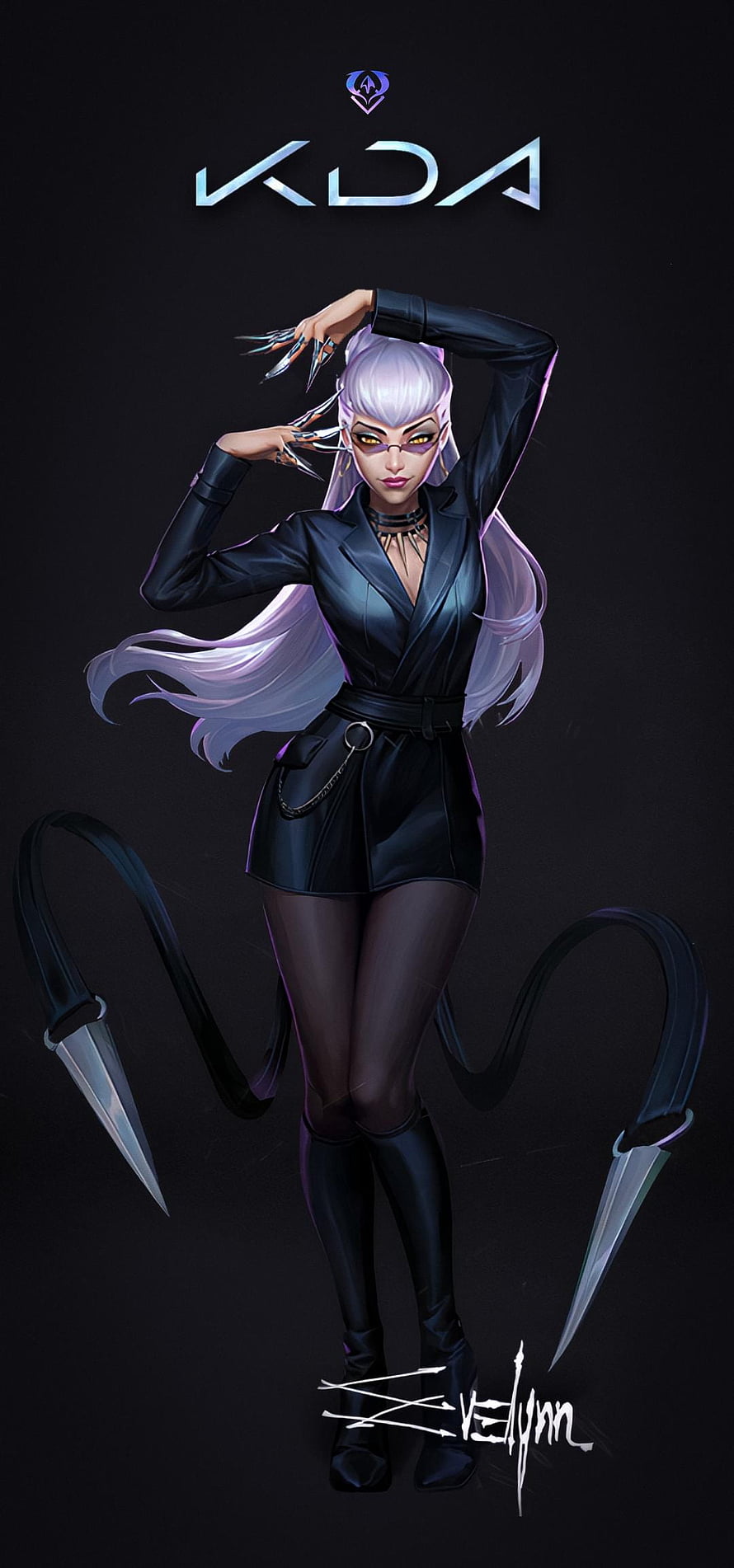 K/DA Evelynn Character Art in Black Leather Outfit with Whip Weapons HD phone wallpaper