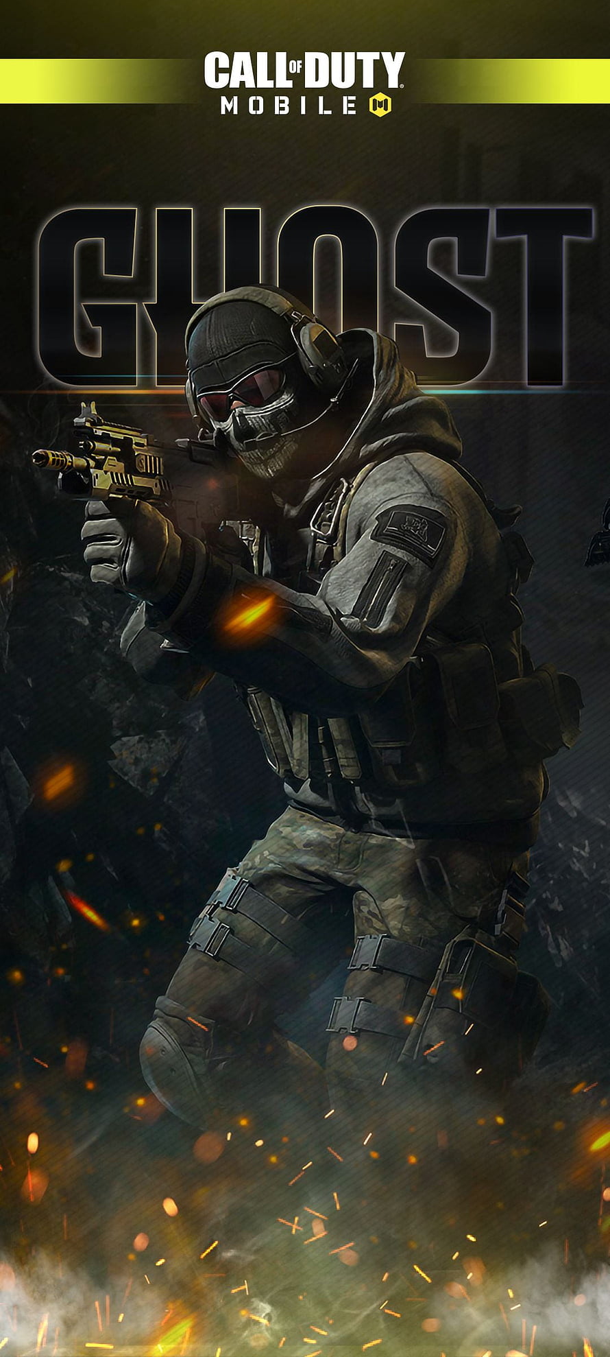 Ghost Operator in Tactical Gear Aiming Pistol Amidst Sparks and Smoke in Call of Duty Mobile HD phone wallpaper