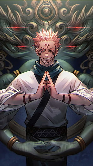 Ryomen Sukuna in Prayer Pose with Ornate Demon Mask Background HD phone wallpaper
