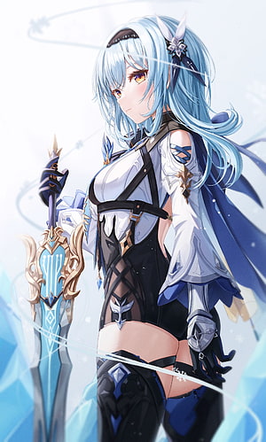 Eula from Genshin Impact in White and Blue Armor Holding a Crystal Sword HD phone wallpaper