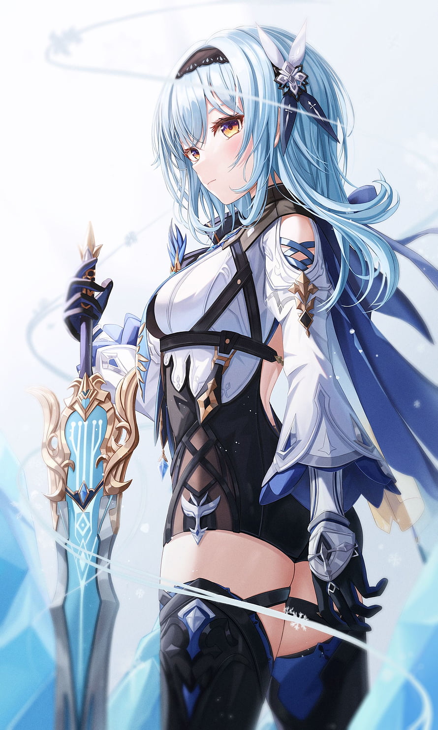 Eula from Genshin Impact in White and Blue Armor Holding a Crystal Sword HD phone wallpaper