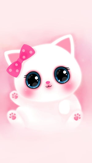 Cute Kawaii White Kitten with Pink Bow and Blue Eyes on Pastel Background HD phone wallpaper
