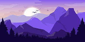 Purple Mountain Landscape Vector Illustration with Pine Trees and Sunset Sky HD wallpaper