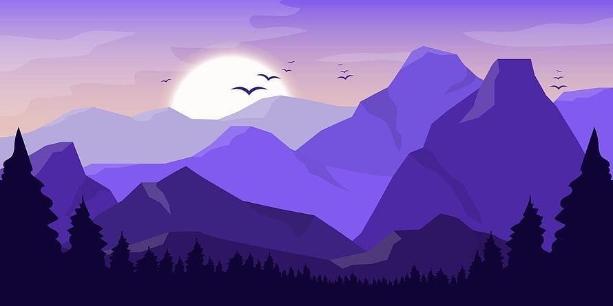 Purple Mountain Landscape Vector Illustration with Pine Trees and Sunset Sky HD wallpaper