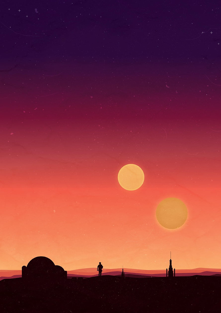 Star Wars Binary Sunset Silhouette Poster with Distant Cityscape and Twin Moons HD phone wallpaper