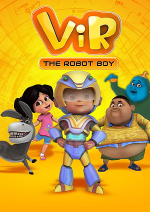 ViR The Robot Boy 3D Animated Poster Featuring Main Characters and Donkey on Yellow Background HD phone wallpaper