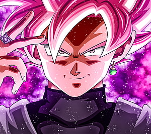Goku Black Anime Portrait with Pink Hair and Purple Cosmic Background HD wallpaper
