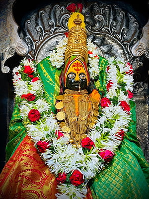 Ornate Tuljabhavani Deity Adorned With Gold Jewelry And Fresh Flower Garlands HD phone wallpaper