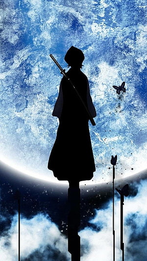 Kuchiki Rukia Silhouette Standing on Pillar with Katana Against Cosmic Moon and Butterflies HD phone wallpaper
