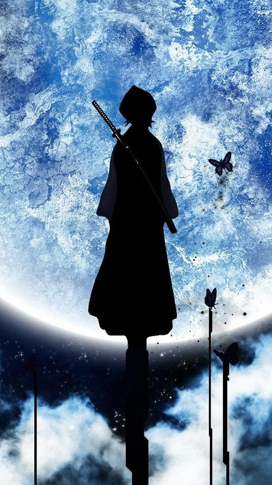 Kuchiki Rukia Silhouette Standing on Pillar with Katana Against Cosmic Moon and Butterflies HD phone wallpaper