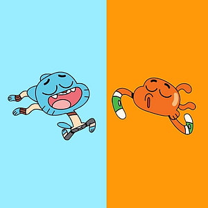 Gumball and Darwin from The Amazing World of Gumball in a playful split-screen pose HD phone wallpaper