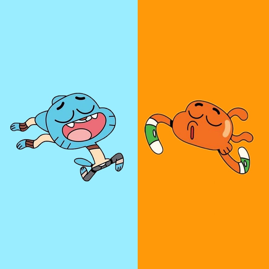 Gumball and Darwin from The Amazing World of Gumball in a playful split-screen pose HD phone wallpaper