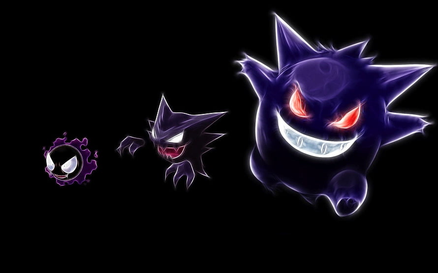 Gengar, Haunter, and Gastly Evolution Lineup on Black Background HD wallpaper