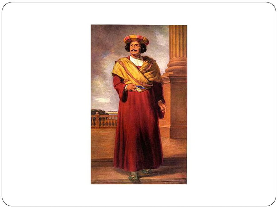 Raja Ram Mohan Roy in traditional red and gold attire standing beside a classical column HD wallpaper