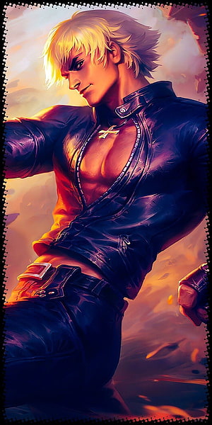 Gusion K Character Art in Leather Jacket with Dramatic Warm Lighting HD phone wallpaper