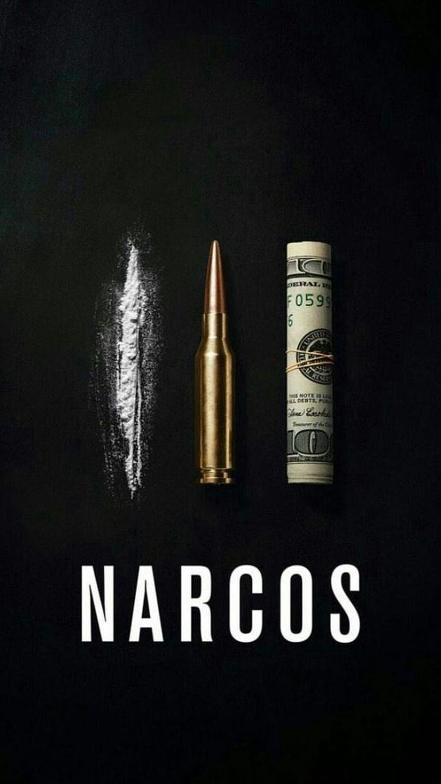 Narcos TV Series Poster Featuring Bullet, Cash Roll, and Powder Line on Black Background HD phone wallpaper