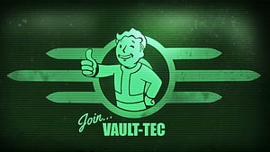 Fallout Vault Boy Logo with Green Glow and Vault-Tec Text on Dark Background HD wallpaper