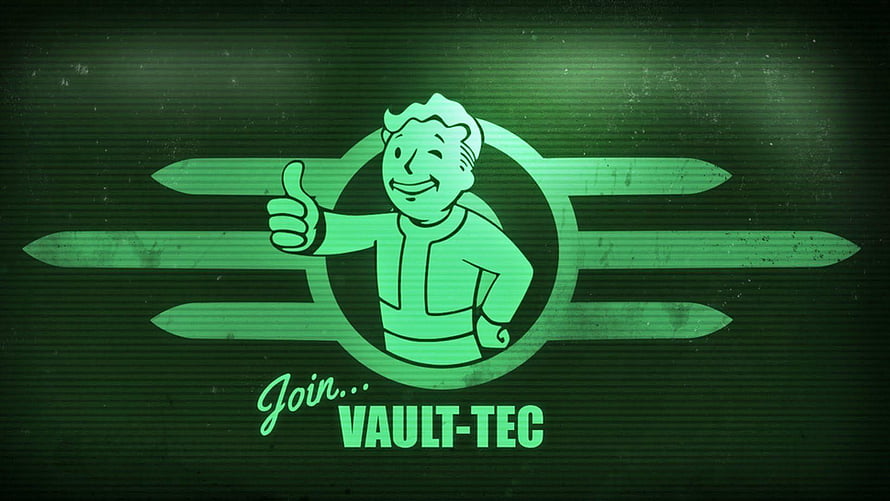 Fallout Vault Boy Logo with Green Glow and Vault-Tec Text on Dark Background HD wallpaper