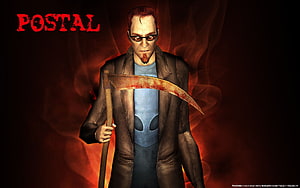 Postal Video Game Character Holding Scythe Against Fiery Red Background HD wallpaper