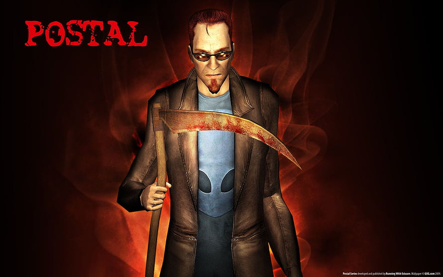Postal Video Game Character Holding Scythe Against Fiery Red Background HD wallpaper