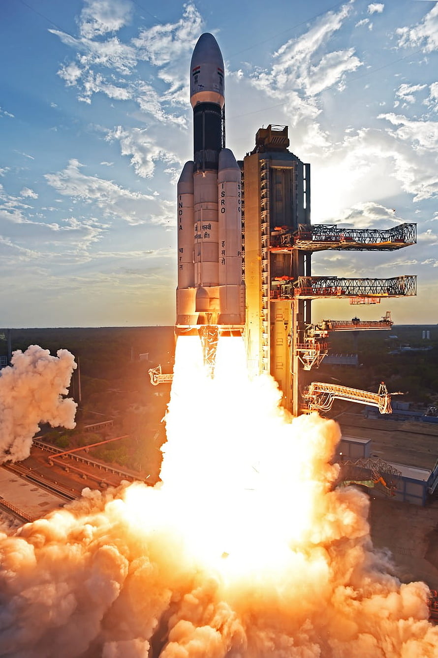 GSLV Mk III rocket launch with fiery exhaust plume at Indian spaceport HD phone wallpaper