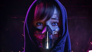 Cyberpunk Woman in Hood with Futuristic Mask and Neon Lighting, Digital Art Artwork Cyber Cyberpunk Neon Lights Neon Lights Mask Women Blue Eyes Fantasy Girl Scienc HD wallpaper
