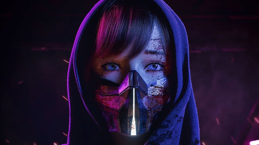 Cyberpunk Woman in Hood with Futuristic Mask and Neon Lighting HD wallpaper