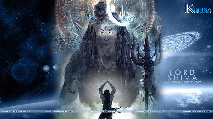 Lord Shiva Cosmic Digital Art with Trishul and Crescent Moon HD wallpaper