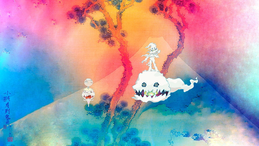 Kids See Ghosts album artwork featuring surreal watercolor landscape and whimsical characters HD wallpaper