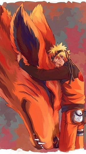 Naruto Uzumaki Embracing Kurama in a Warm Orange Anime Illustration HD phone wallpaper
