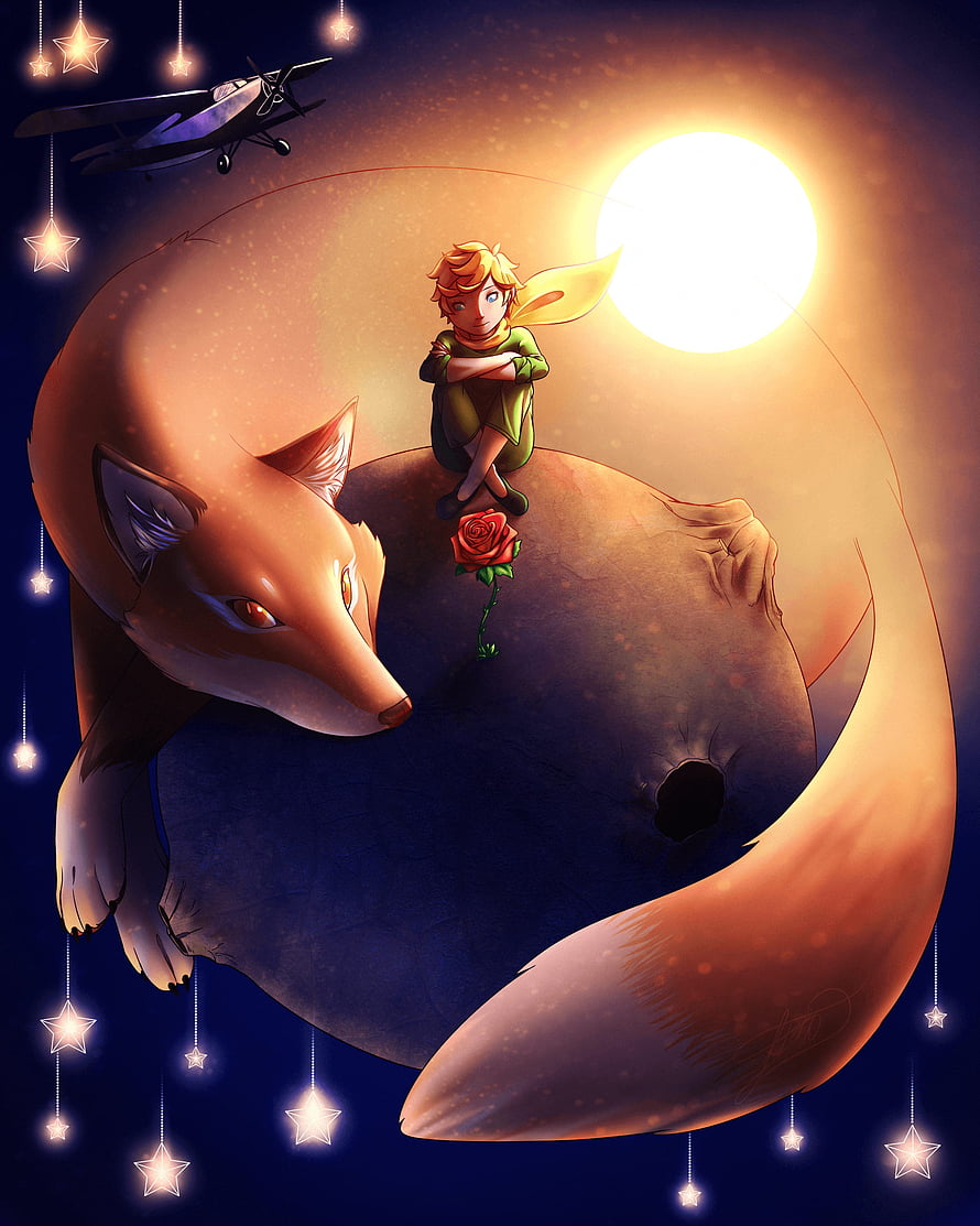 The Little Prince and the Fox on a Tiny Planet with a Rose and Vintage Airplane HD phone wallpaper