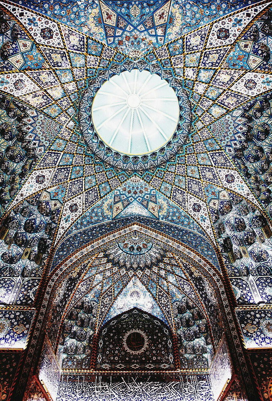 Intricate Islamic Mosque Ceiling with Geometric Tilework and Central Dome HD phone wallpaper