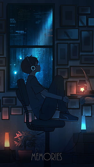 Lonely Boy With Headphones Sitting By Rainy Window in Dark Room HD phone wallpaper
