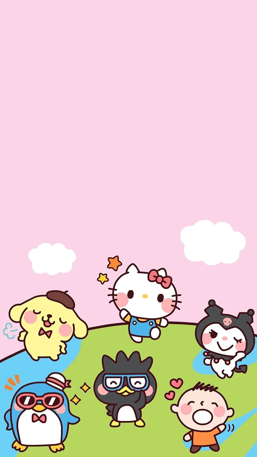 Sanrio Characters Including Hello Kitty, Pochacco, Kuromi, and Badtz-Maru on a Green Hill HD phone wallpaper
